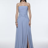 Strapless Collar Waist Draped Chiffon Long Evening Dress - 9288C
