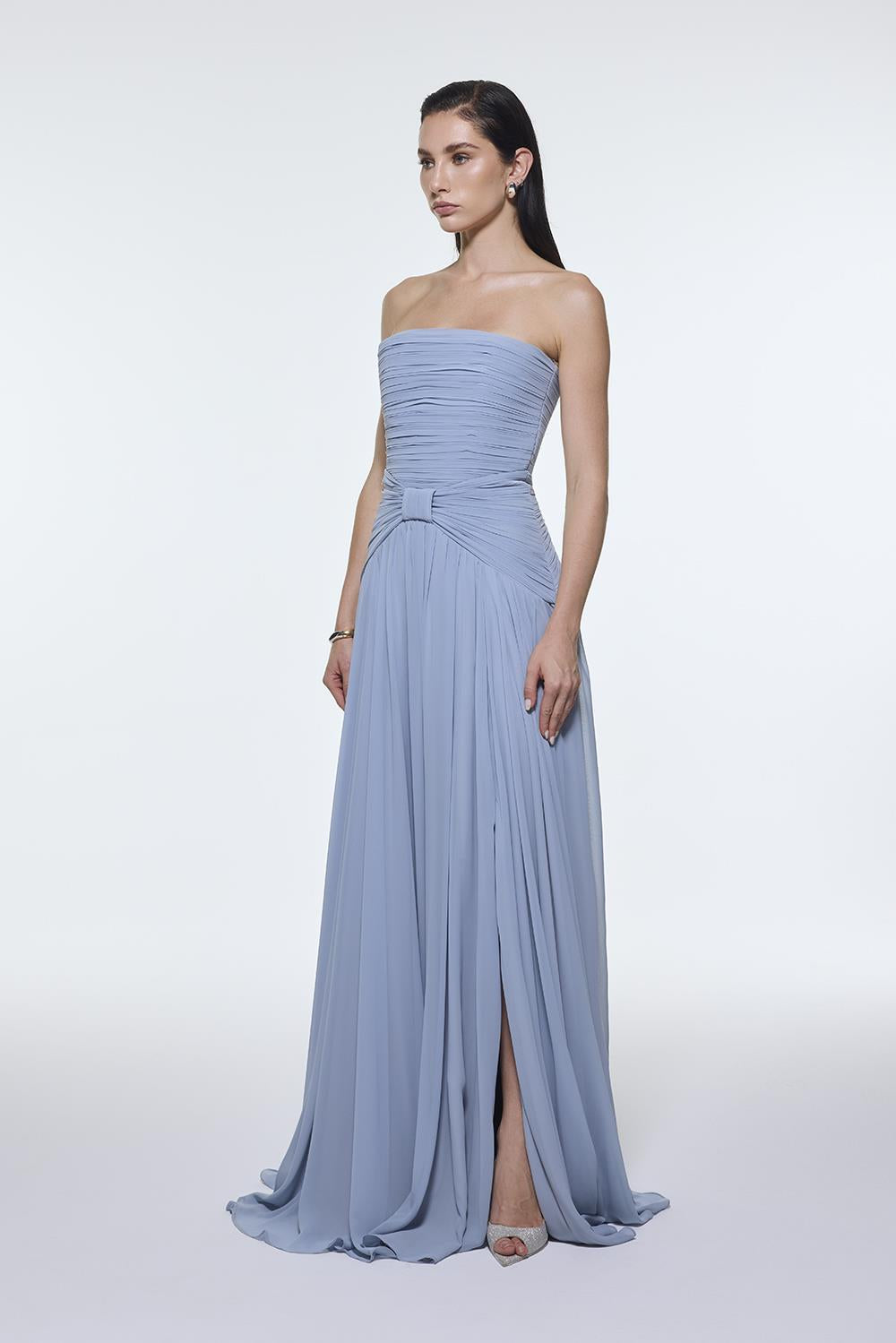 Strapless Collar Waist Draped Chiffon Long Evening Dress - 9288C