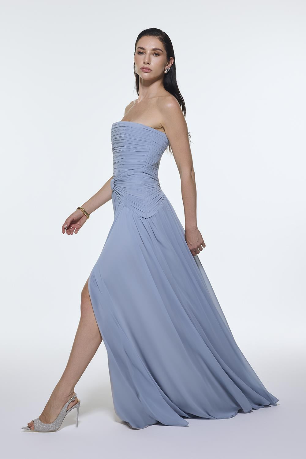 Strapless Collar Waist Draped Chiffon Long Evening Dress - 9288C