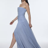 Strapless Collar Waist Draped Chiffon Long Evening Dress - 9288C
