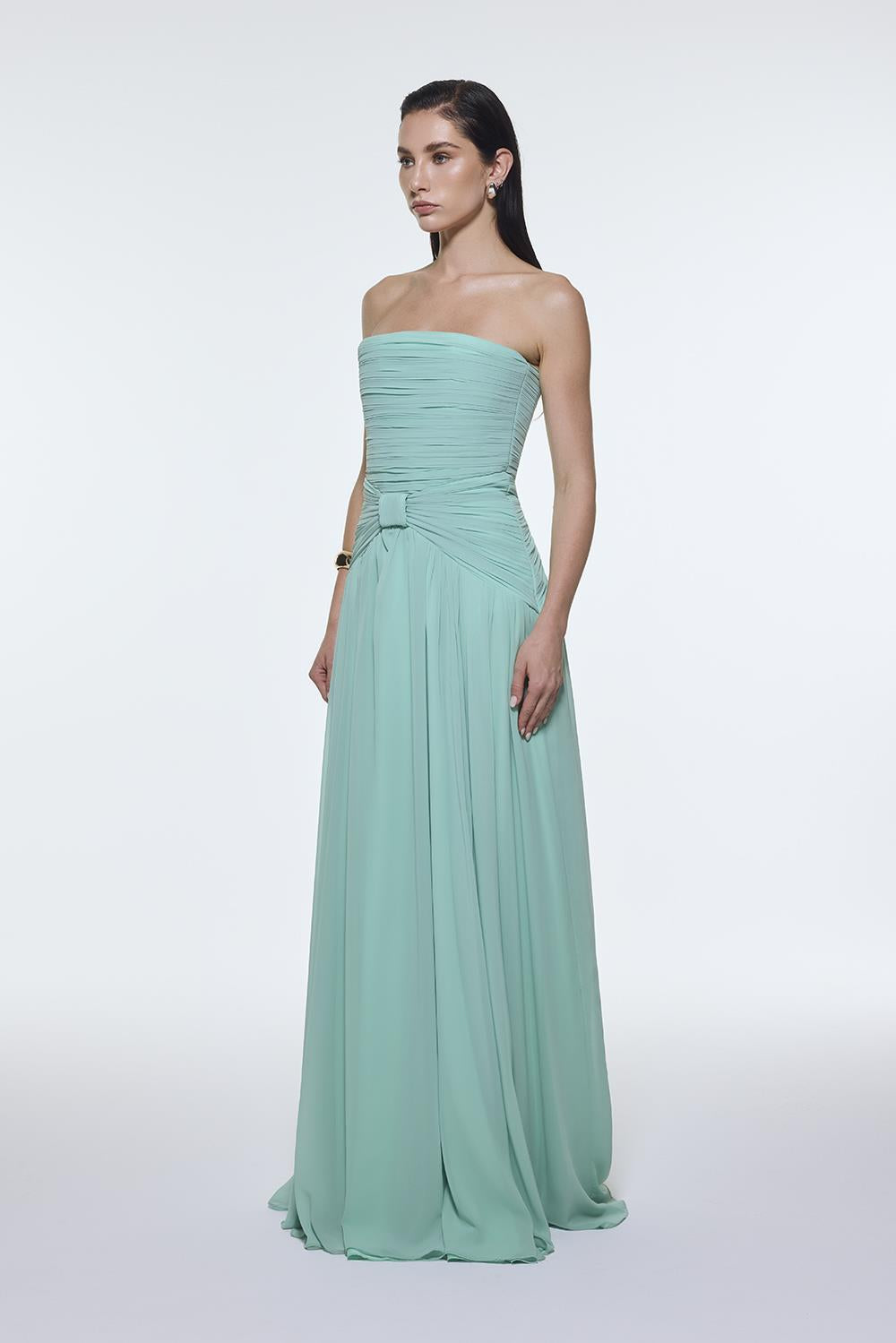 Strapless Collar Waist Draped Chiffon Long Evening Dress - 9288C
