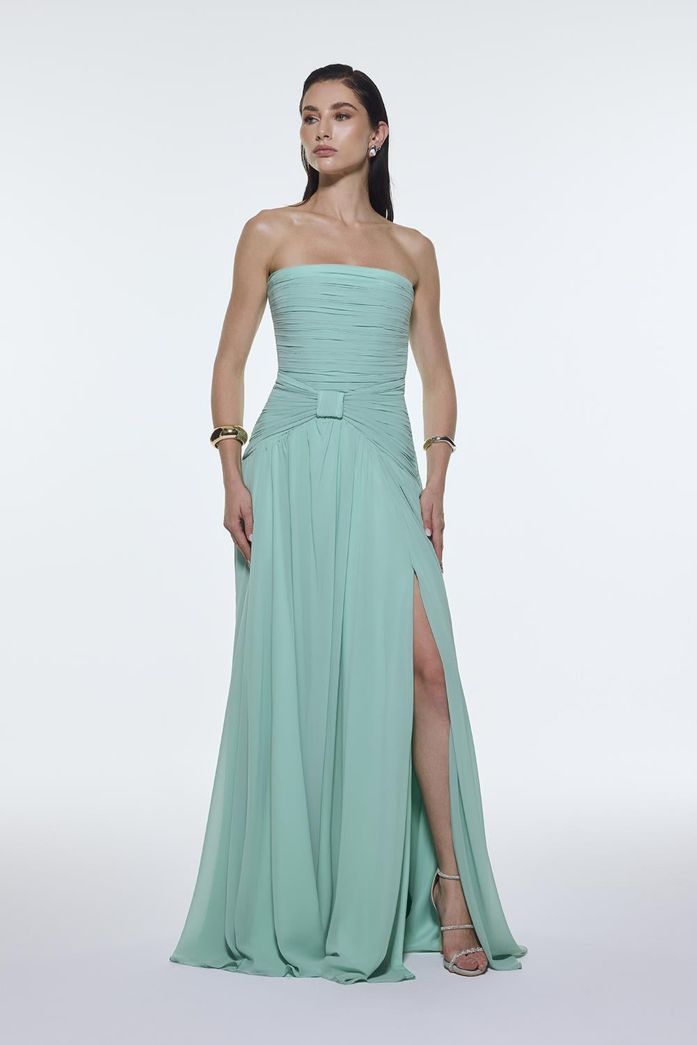 Strapless Collar Waist Draped Chiffon Long Evening Dress - 9288C