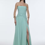 Strapless Collar Waist Draped Chiffon Long Evening Dress - 9288C