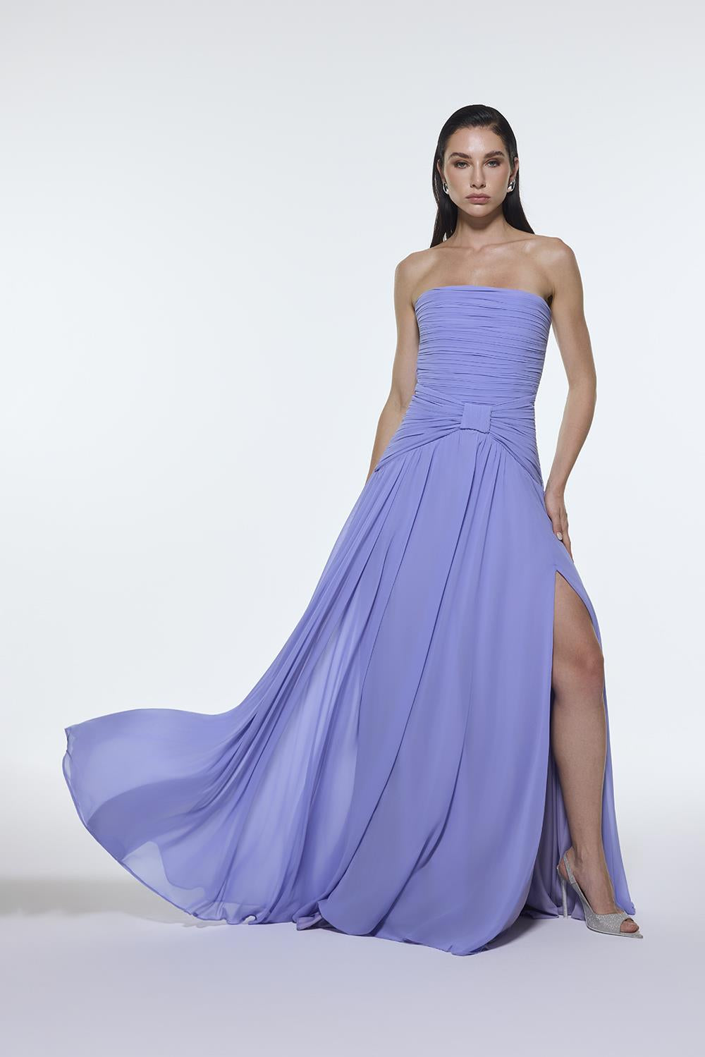 Strapless Collar Waist Draped Chiffon Long Evening Dress - 9288C