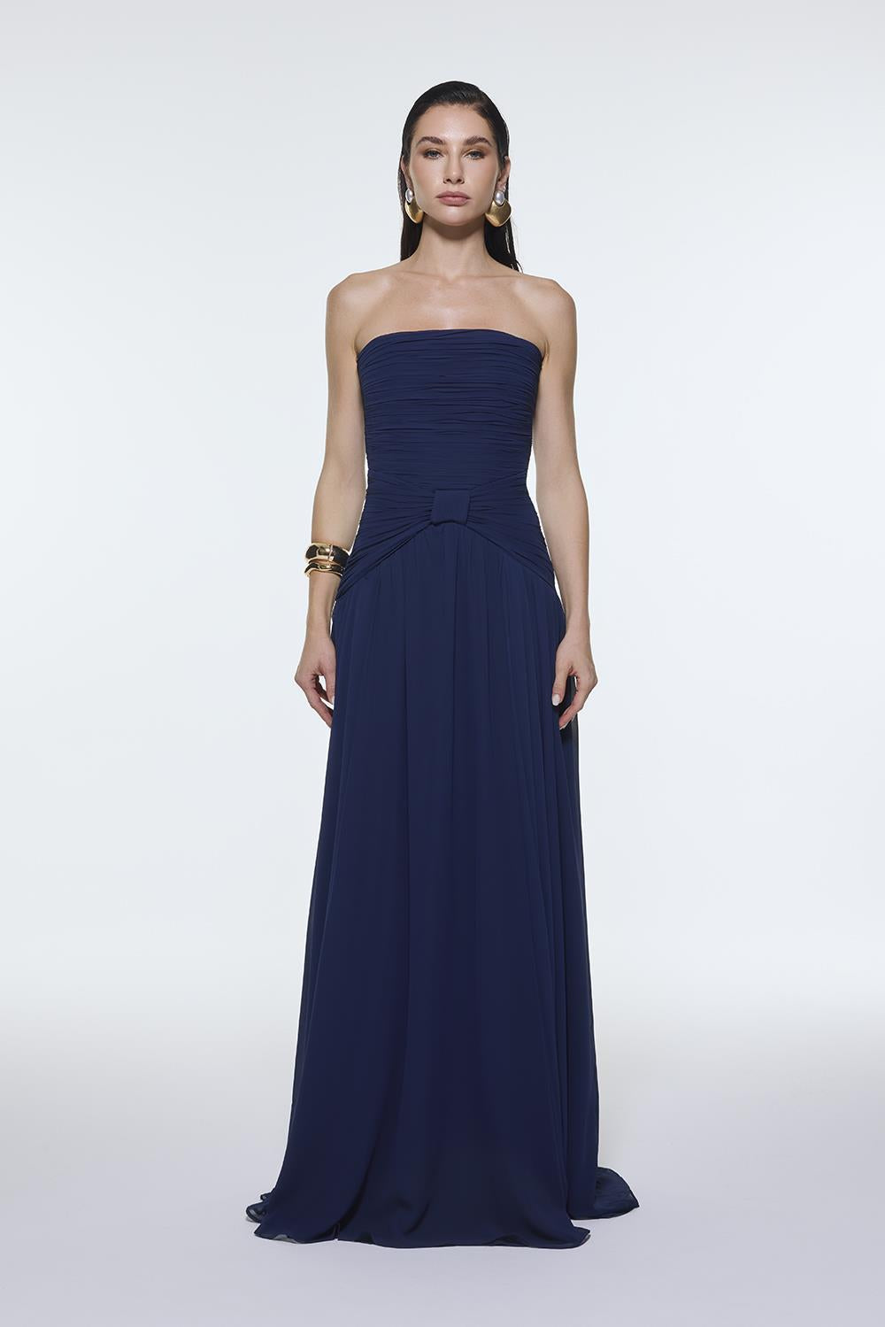 Strapless Collar Waist Draped Chiffon Long Evening Dress - 9288C