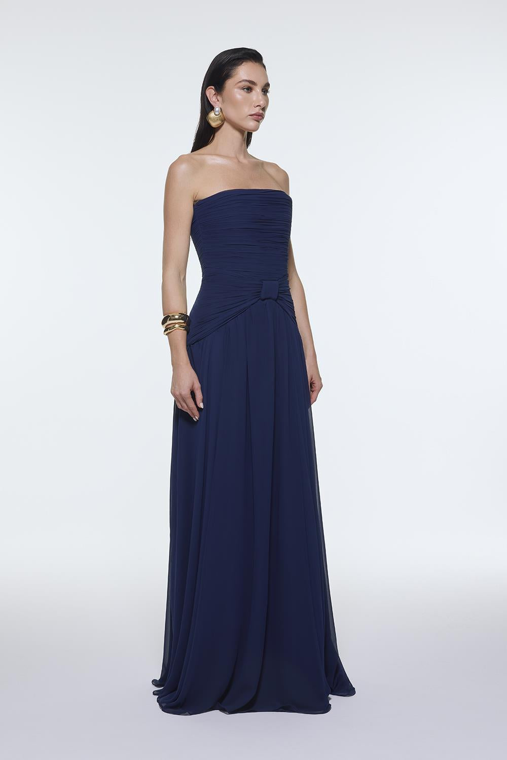 Strapless Collar Waist Draped Chiffon Long Evening Dress - 9288C