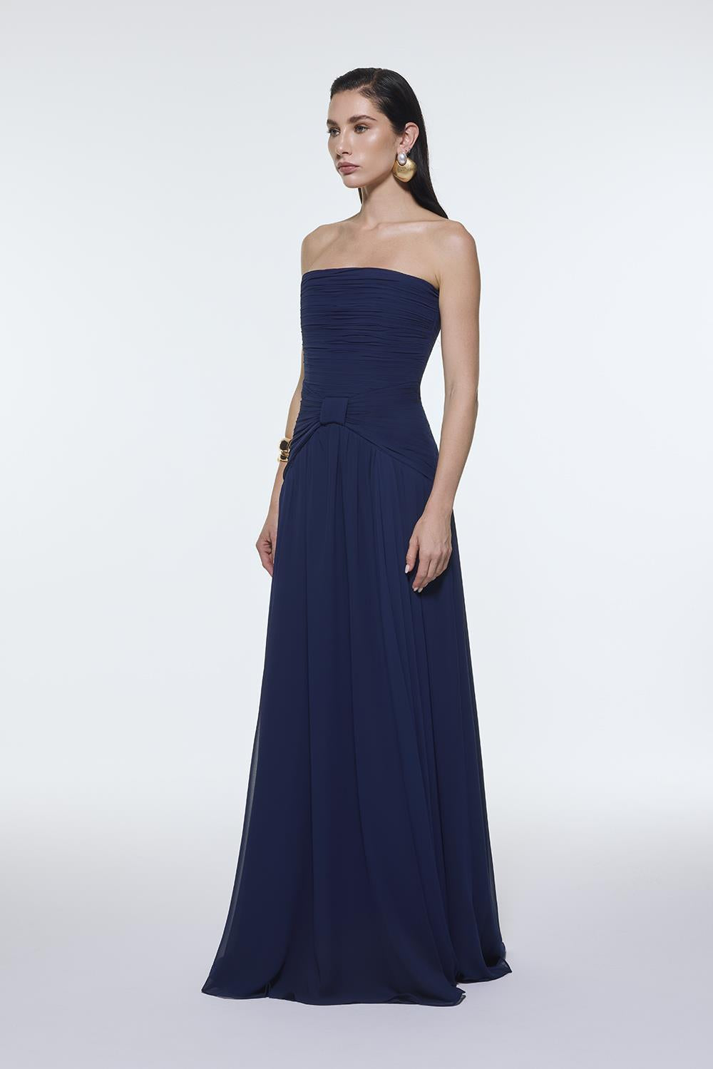 Strapless Collar Waist Draped Chiffon Long Evening Dress - 9288C