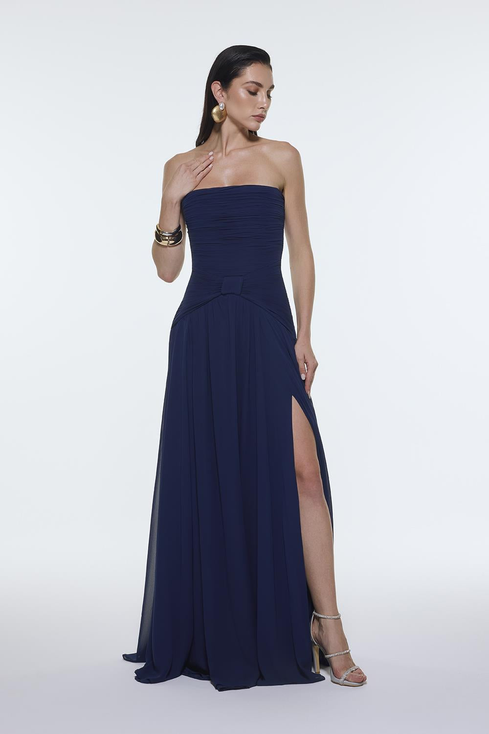 Strapless Collar Waist Draped Chiffon Long Evening Dress - 9288C