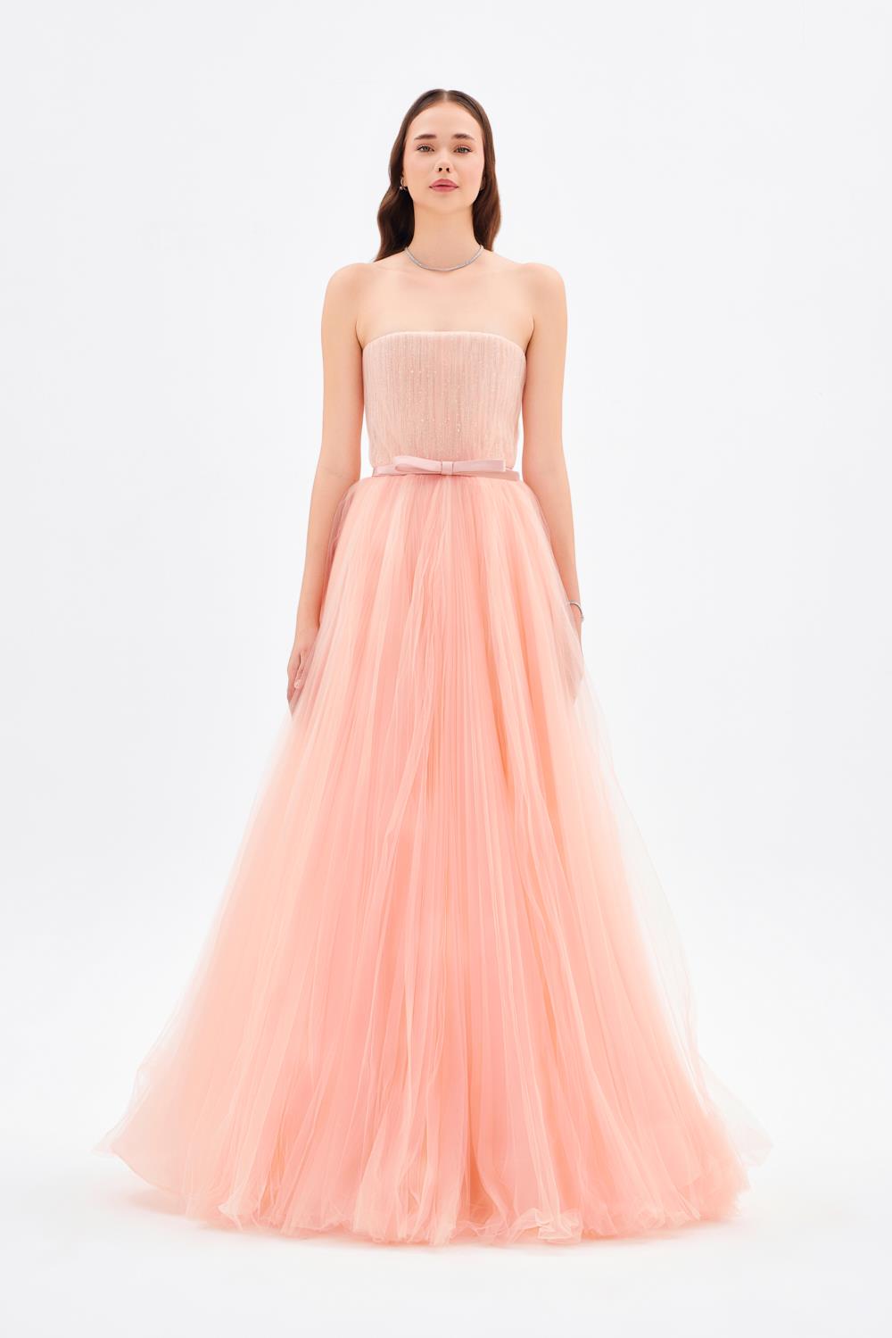 Strapless Collar Pleated Long Evening Dress - 9198C