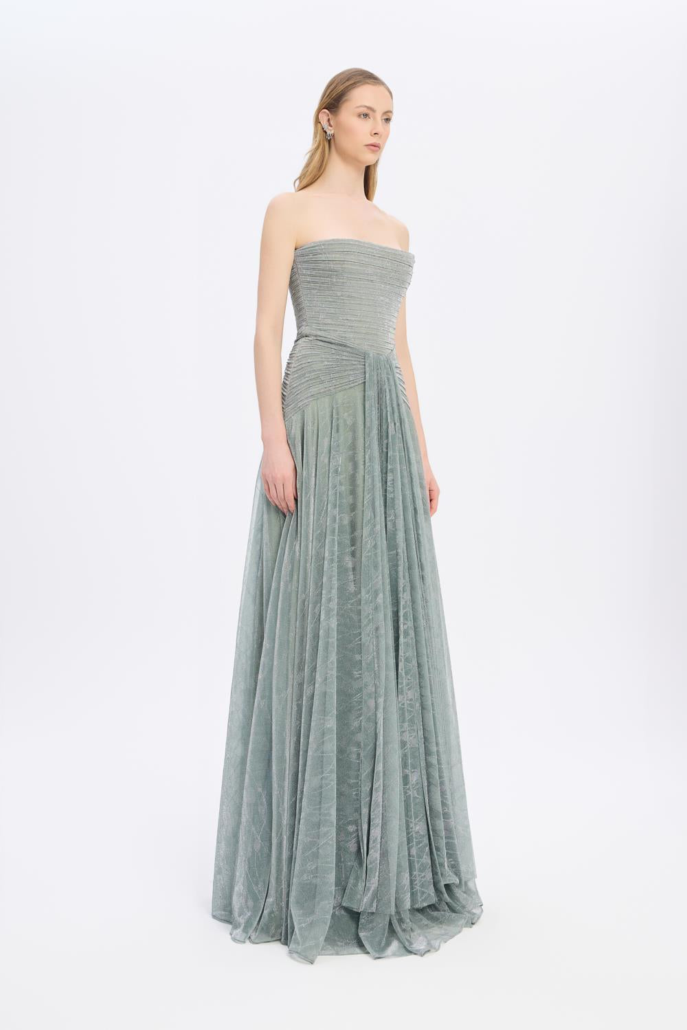 Strapless Collar Silvery Long Evening Dress - 9167C