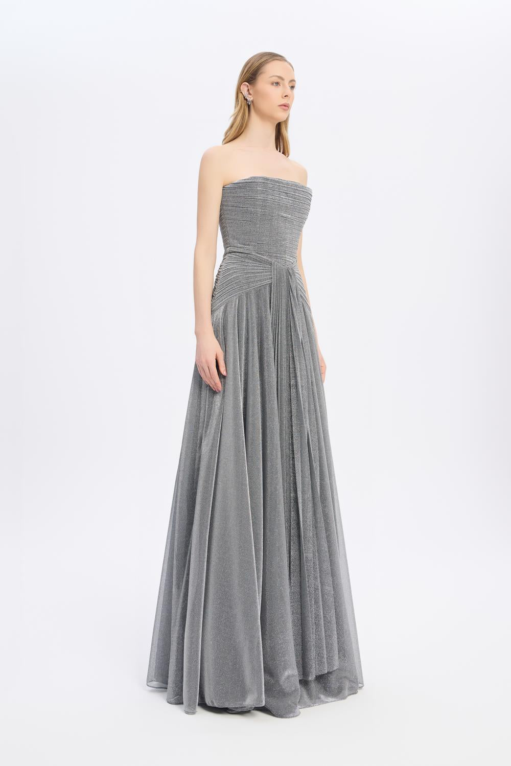Strapless Collar Silvery Long Evening Dress - 9167C