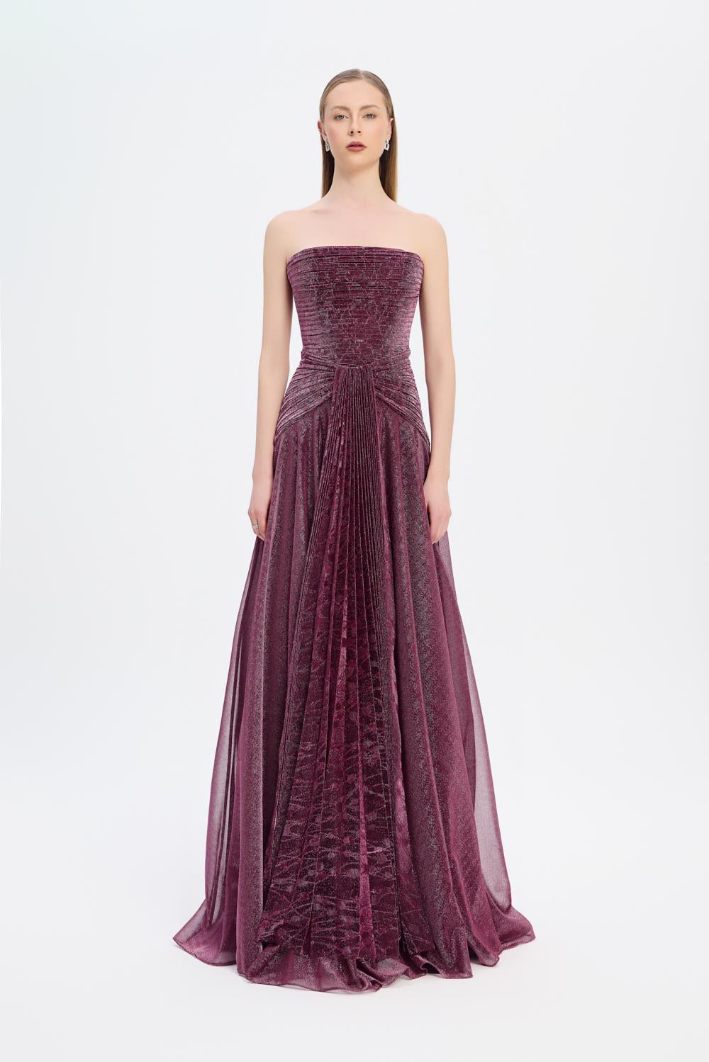 Strapless Collar Silvery Long Evening Dress - 9167C