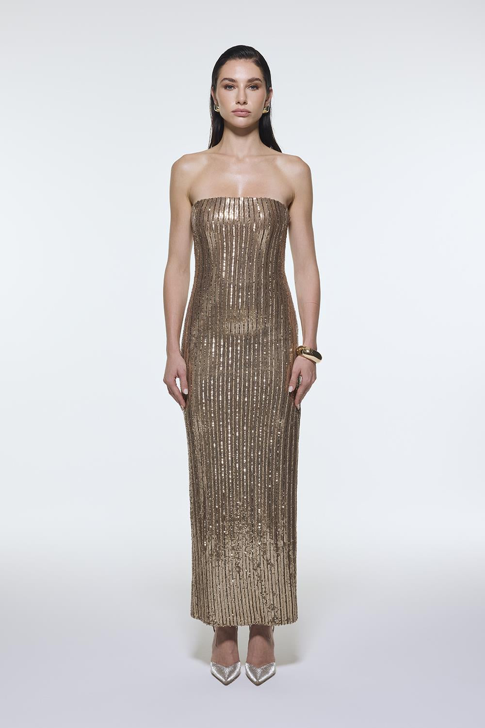 Strapless Neckline Slit Sequin Long Evening Dress - 9293C