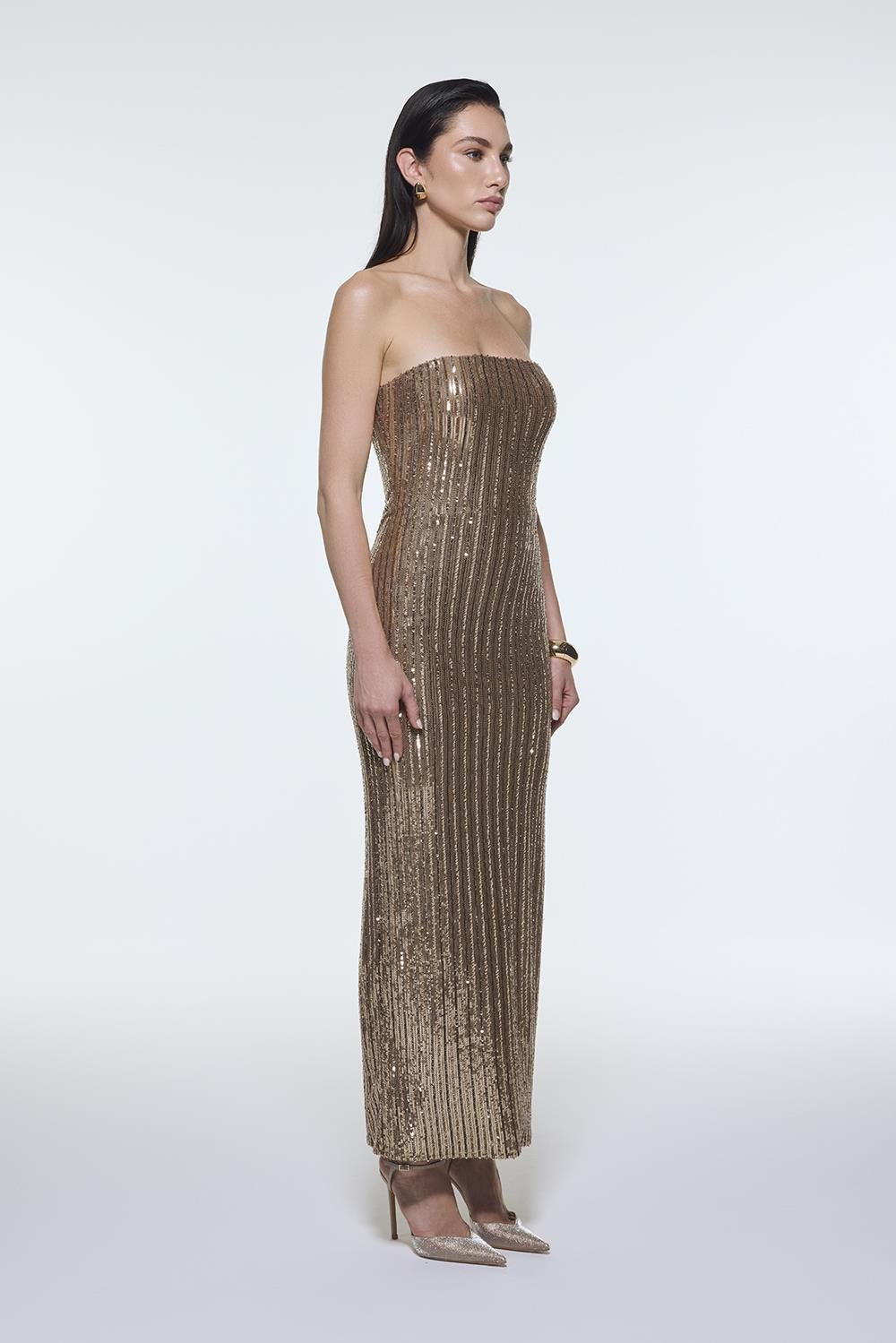 Strapless Neckline Slit Sequin Long Evening Dress - 9293C