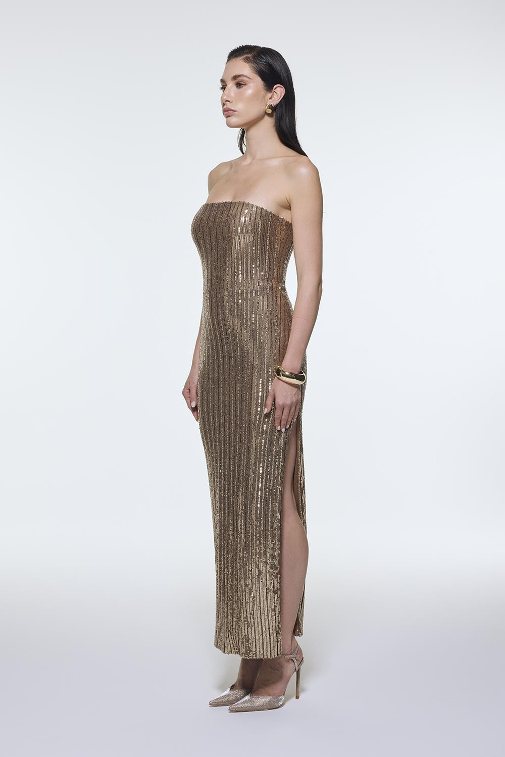 Strapless Neckline Slit Sequin Long Evening Dress - 9293C