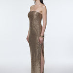 Strapless Neckline Slit Sequin Long Evening Dress - 9293C