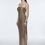 Strapless Neckline Slit Sequin Long Evening Dress - 9293C