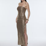 Strapless Neckline Slit Sequin Long Evening Dress - 9293C