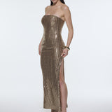 Strapless Neckline Slit Sequin Long Evening Dress - 9293C