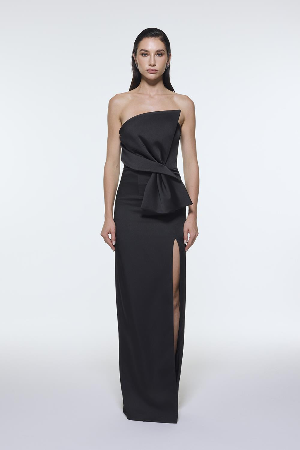 Strapless Collar Slit Satin Long Evening Dress - 9281C