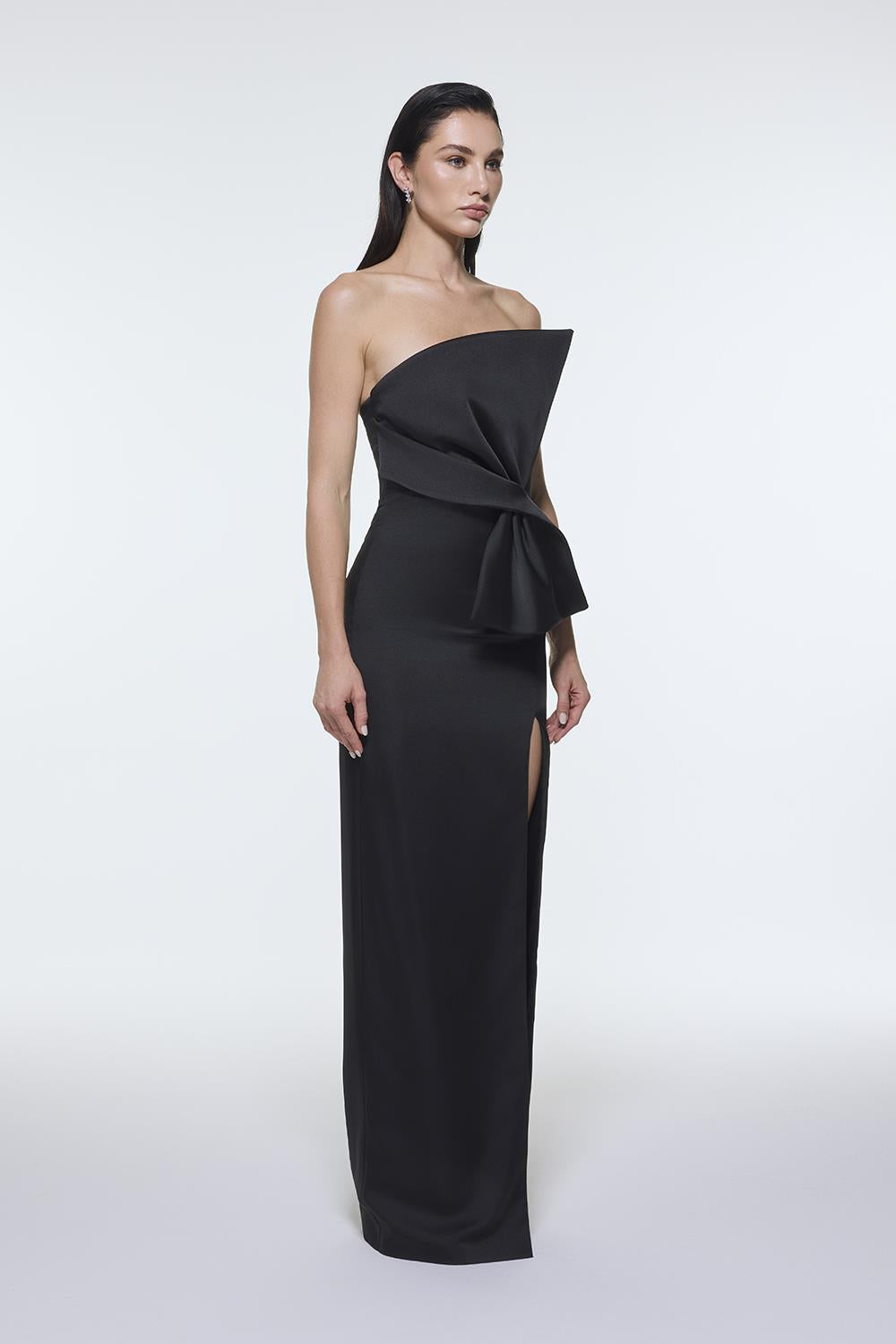 Strapless Collar Slit Satin Long Evening Dress - 9281C