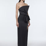 Strapless Collar Slit Satin Long Evening Dress - 9281C