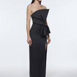 Strapless Collar Slit Satin Long Evening Dress - 9281C