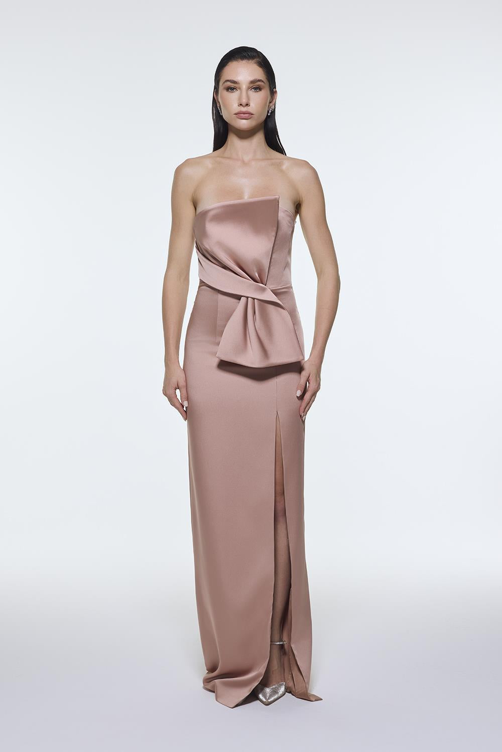 Strapless Collar Slit Satin Long Evening Dress - 9281C
