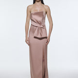 Strapless Collar Slit Satin Long Evening Dress - 9281C