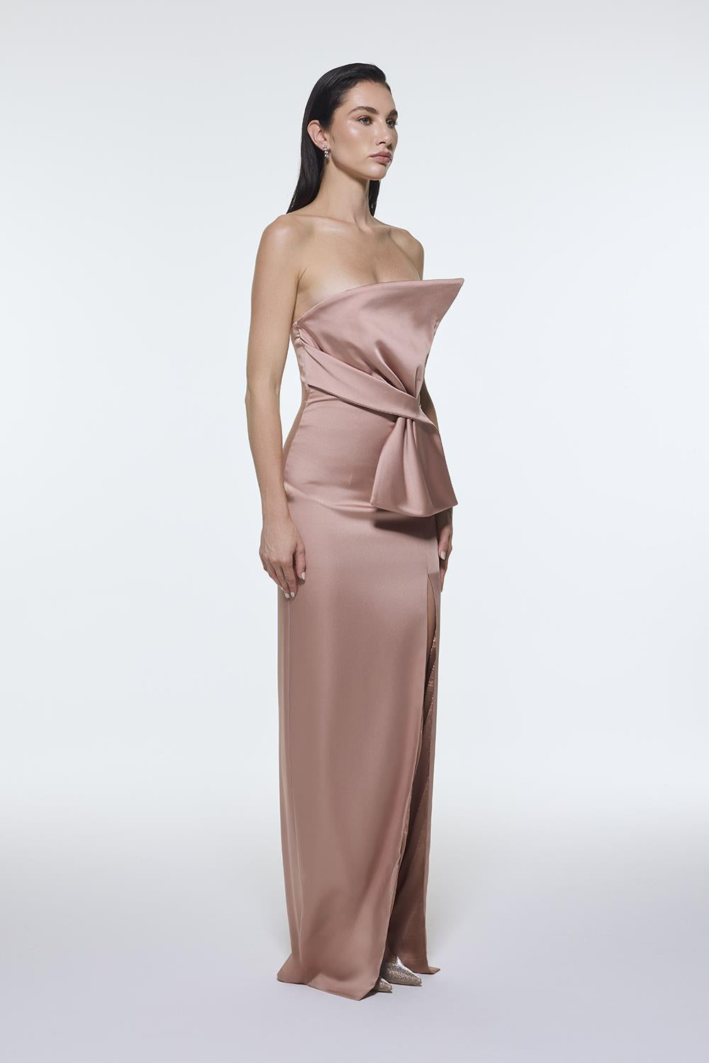 Strapless Collar Slit Satin Long Evening Dress - 9281C
