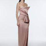 Strapless Collar Slit Satin Long Evening Dress - 9281C