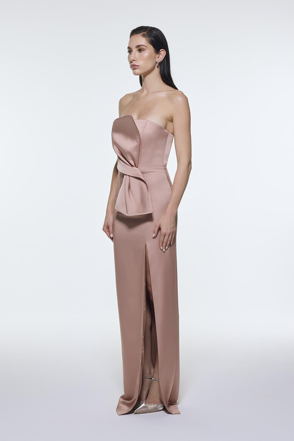 Strapless Collar Slit Satin Long Evening Dress - 9281C