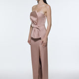 Strapless Collar Slit Satin Long Evening Dress - 9281C