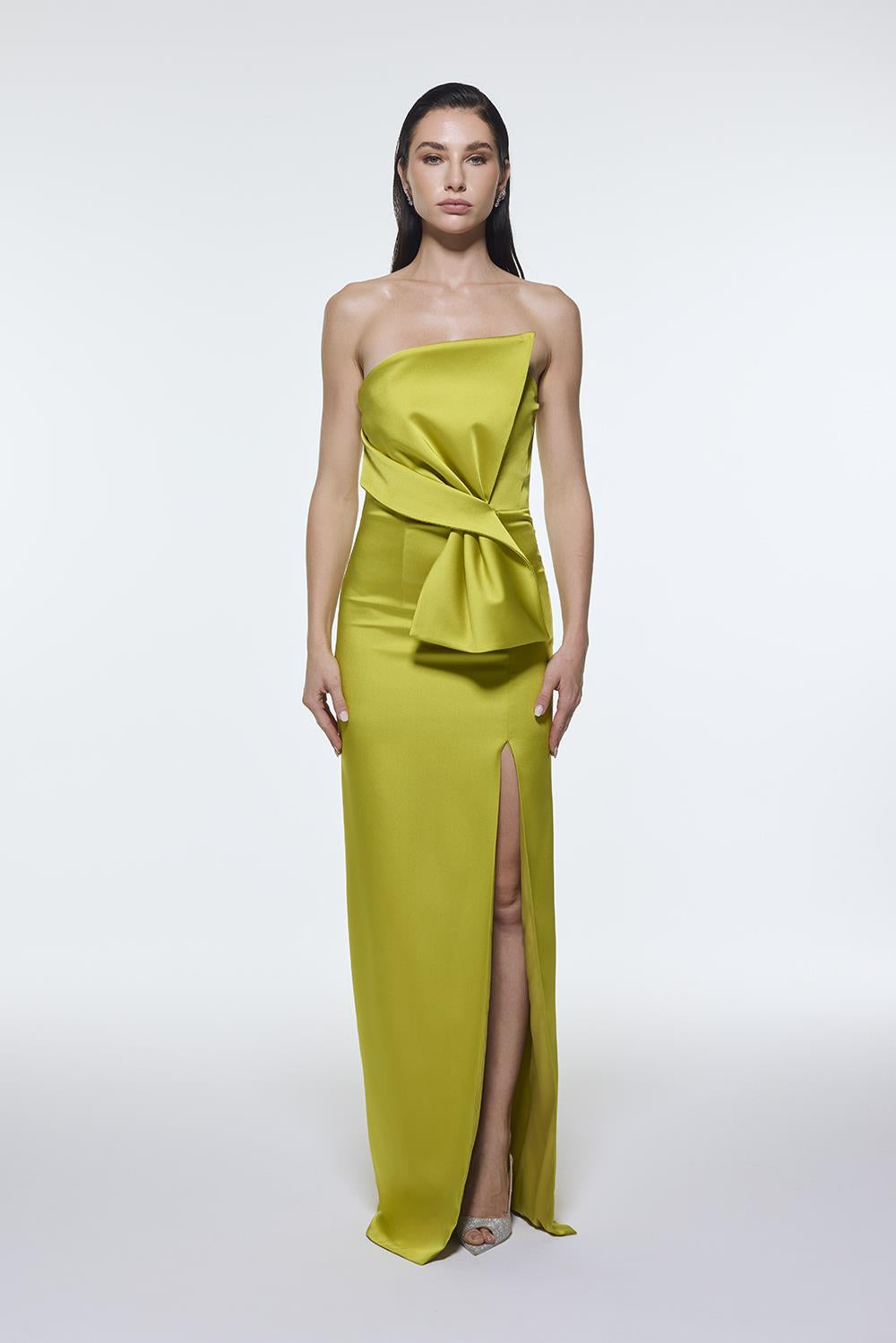 Strapless Collar Slit Satin Long Evening Dress - 9281C