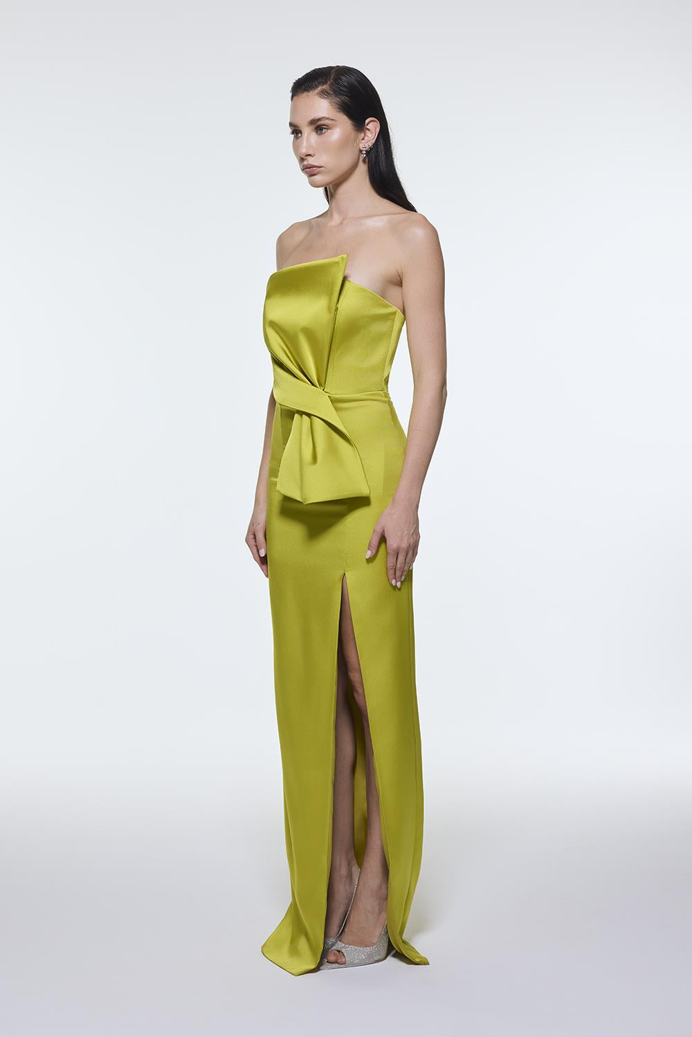 Strapless Collar Slit Satin Long Evening Dress - 9281C