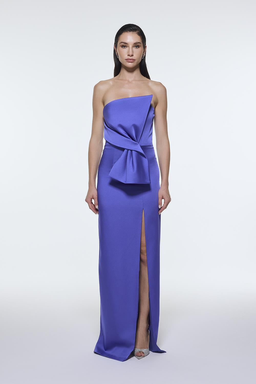 Strapless Collar Slit Satin Long Evening Dress - 9281C