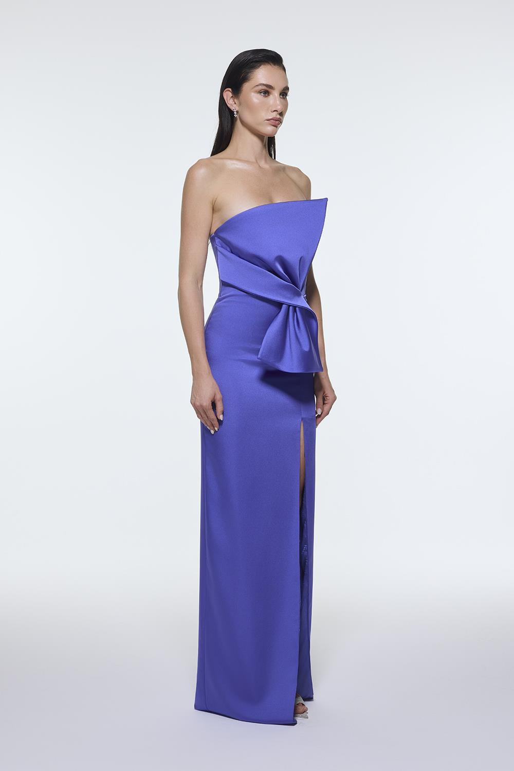 Strapless Collar Slit Satin Long Evening Dress - 9281C