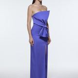 Strapless Collar Slit Satin Long Evening Dress - 9281C