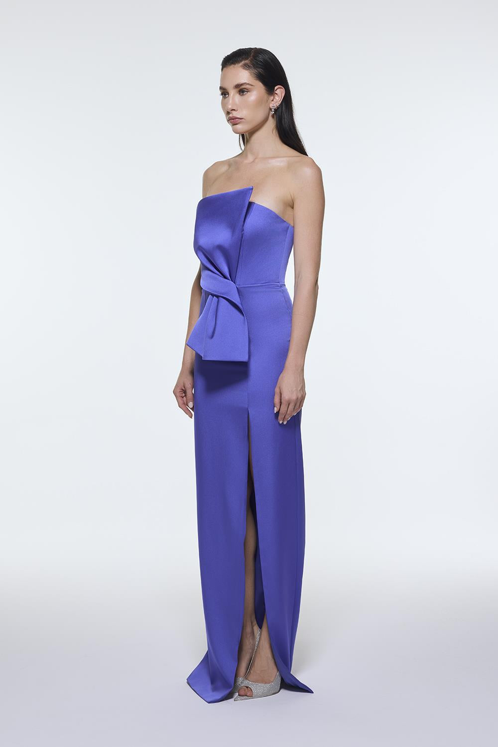 Strapless Collar Slit Satin Long Evening Dress - 9281C