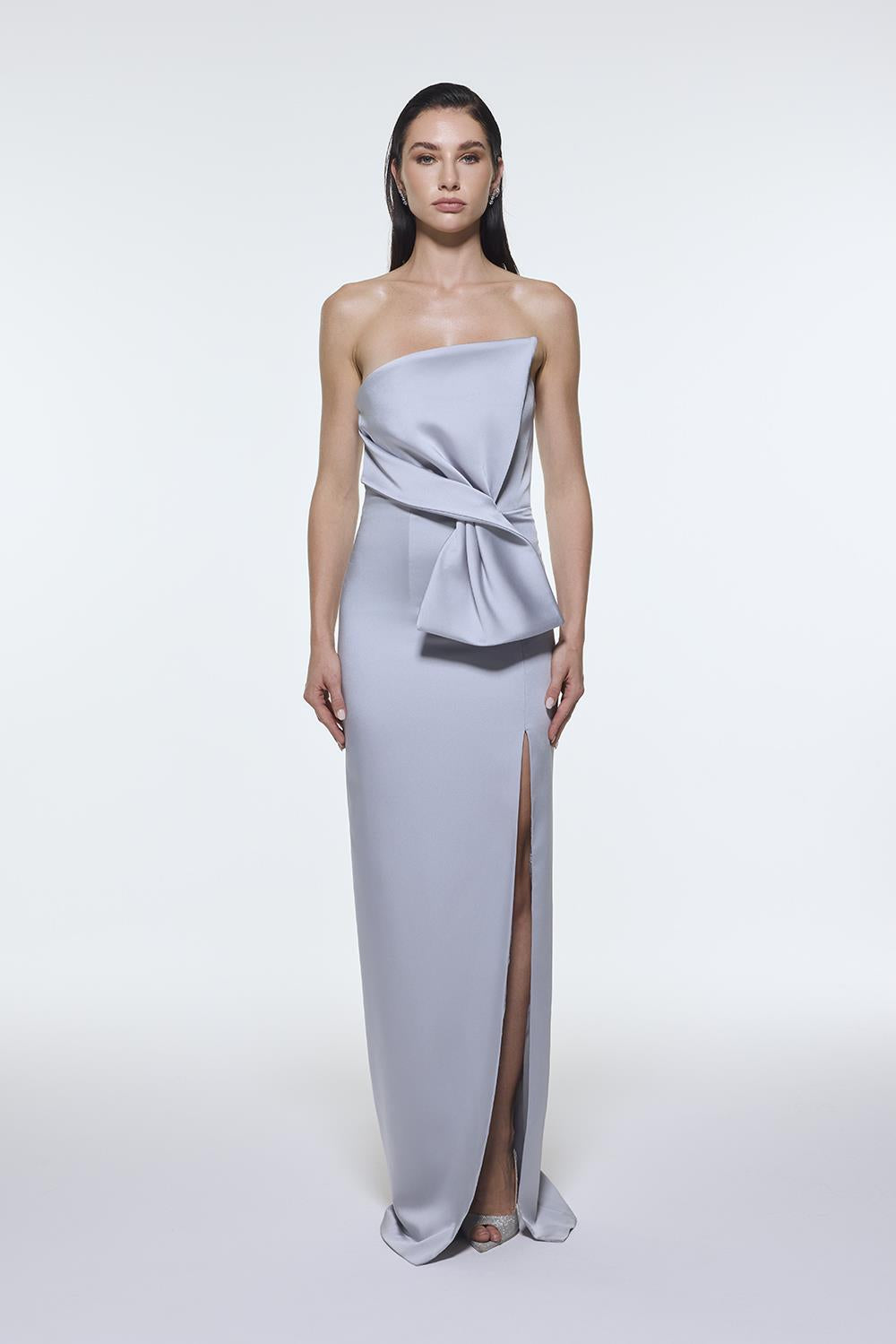 Strapless Collar Slit Satin Long Evening Dress - 9281C