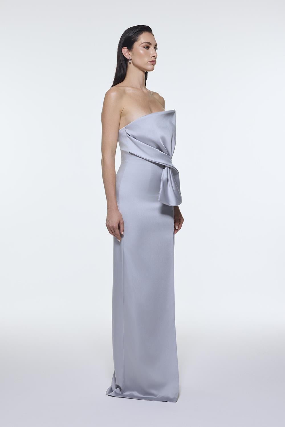 Strapless Collar Slit Satin Long Evening Dress - 9281C