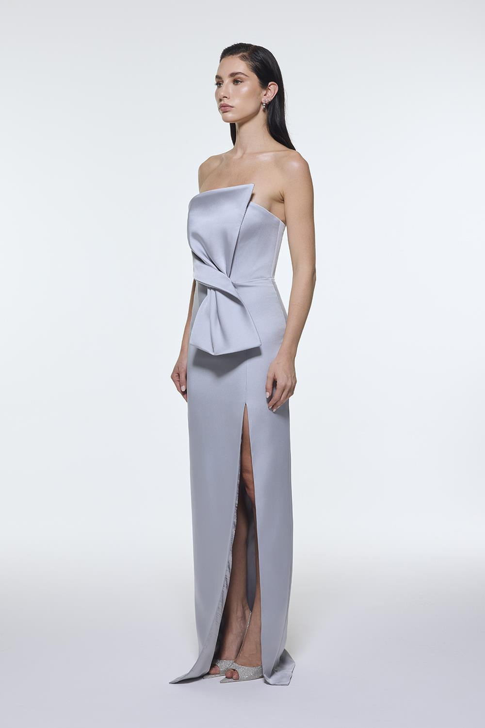 Strapless Collar Slit Satin Long Evening Dress - 9281C