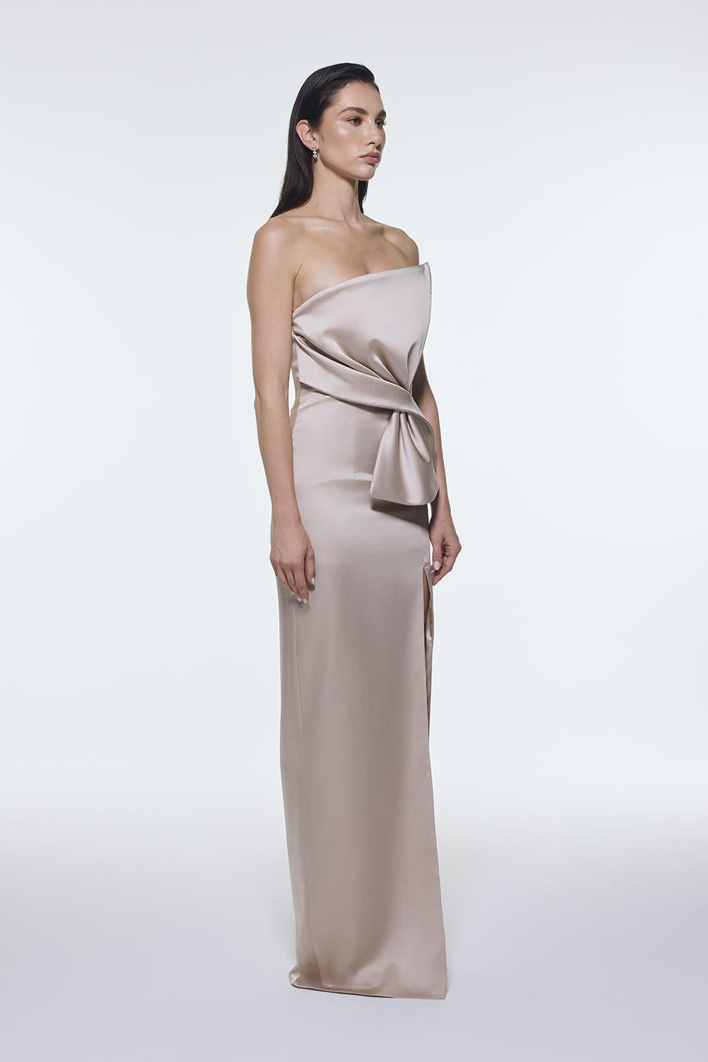 Strapless Collar Slit Satin Long Evening Dress - 9281C