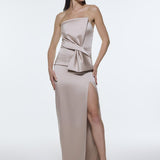 Strapless Collar Slit Satin Long Evening Dress - 9281C