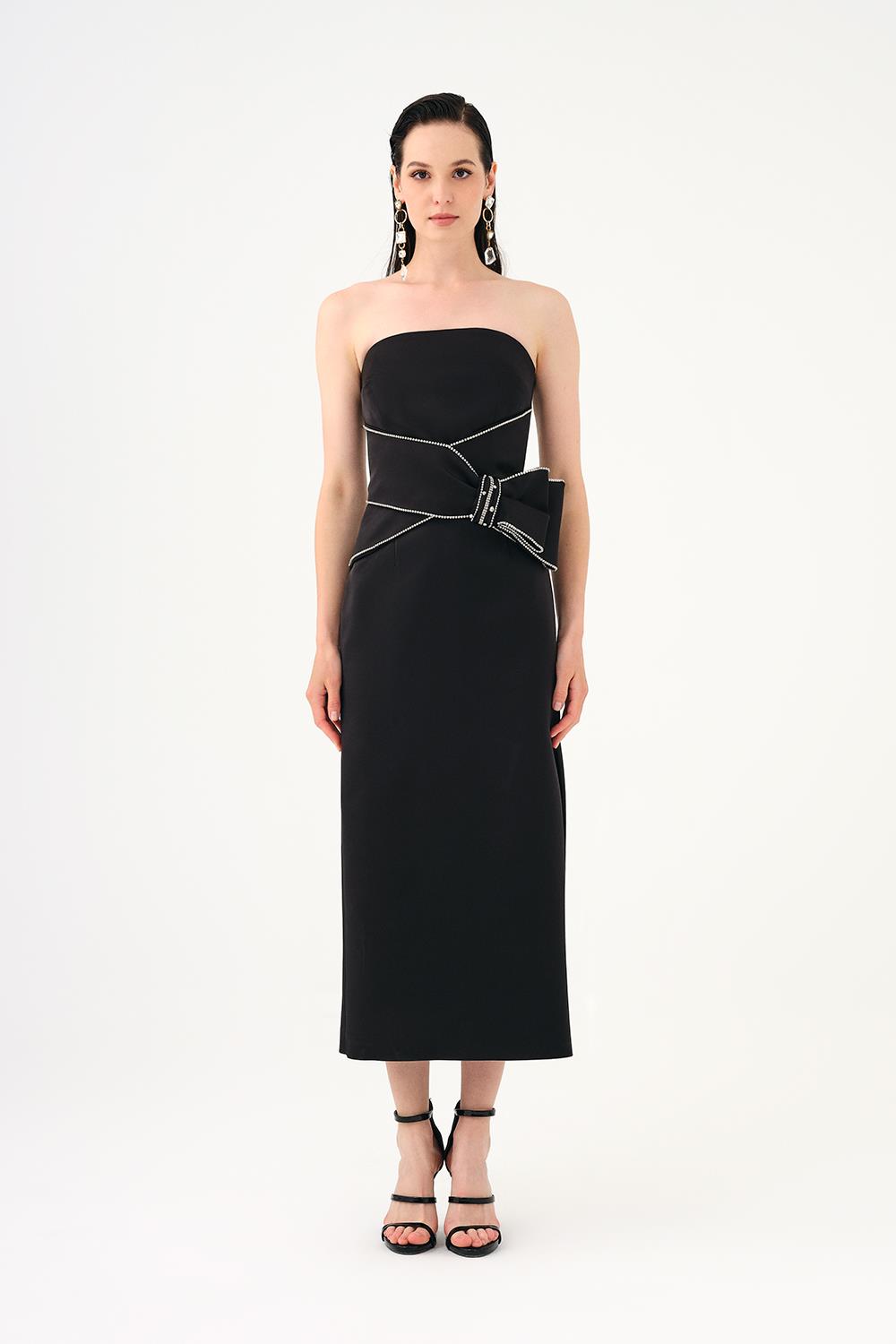 Stone Embroidery Detailed Strapless Midi Evening Dress - 9170C