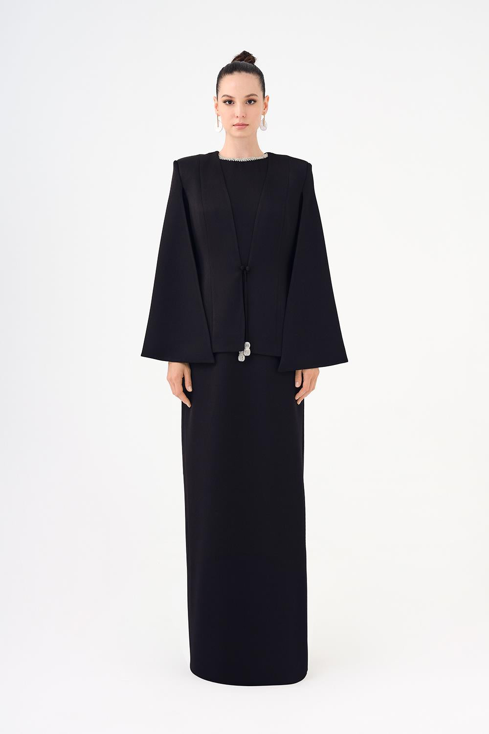 Taş İşleme Detaylı Tesettür Abiye Elbise & Ceket Takım - SİYAH