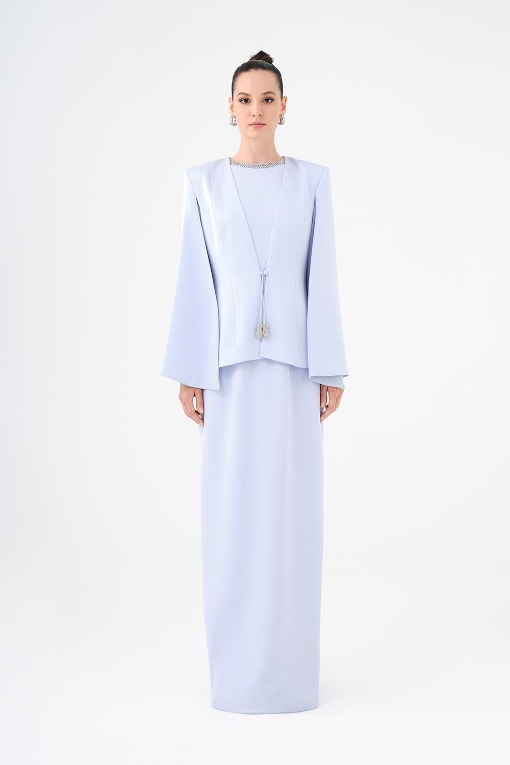 Taş İşleme Detaylı Tesettür Abiye Elbise & Ceket Takım - Bebe Mavi