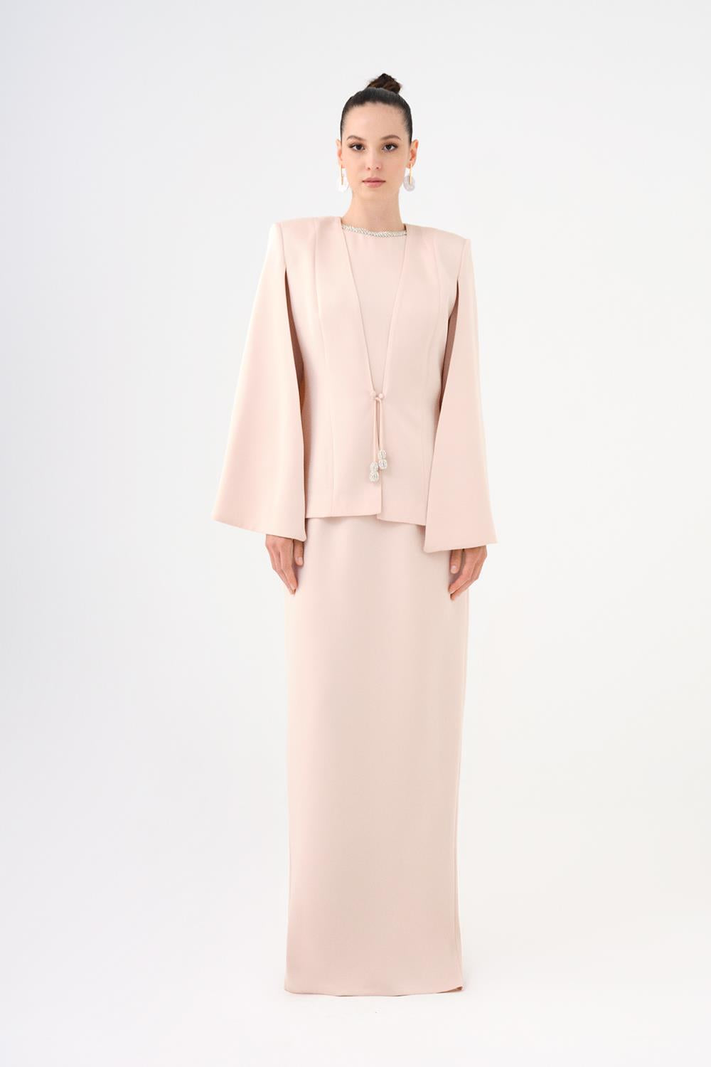 Taş İşleme Detaylı Tesettür Abiye Elbise & Ceket Takım - Açık Bej
