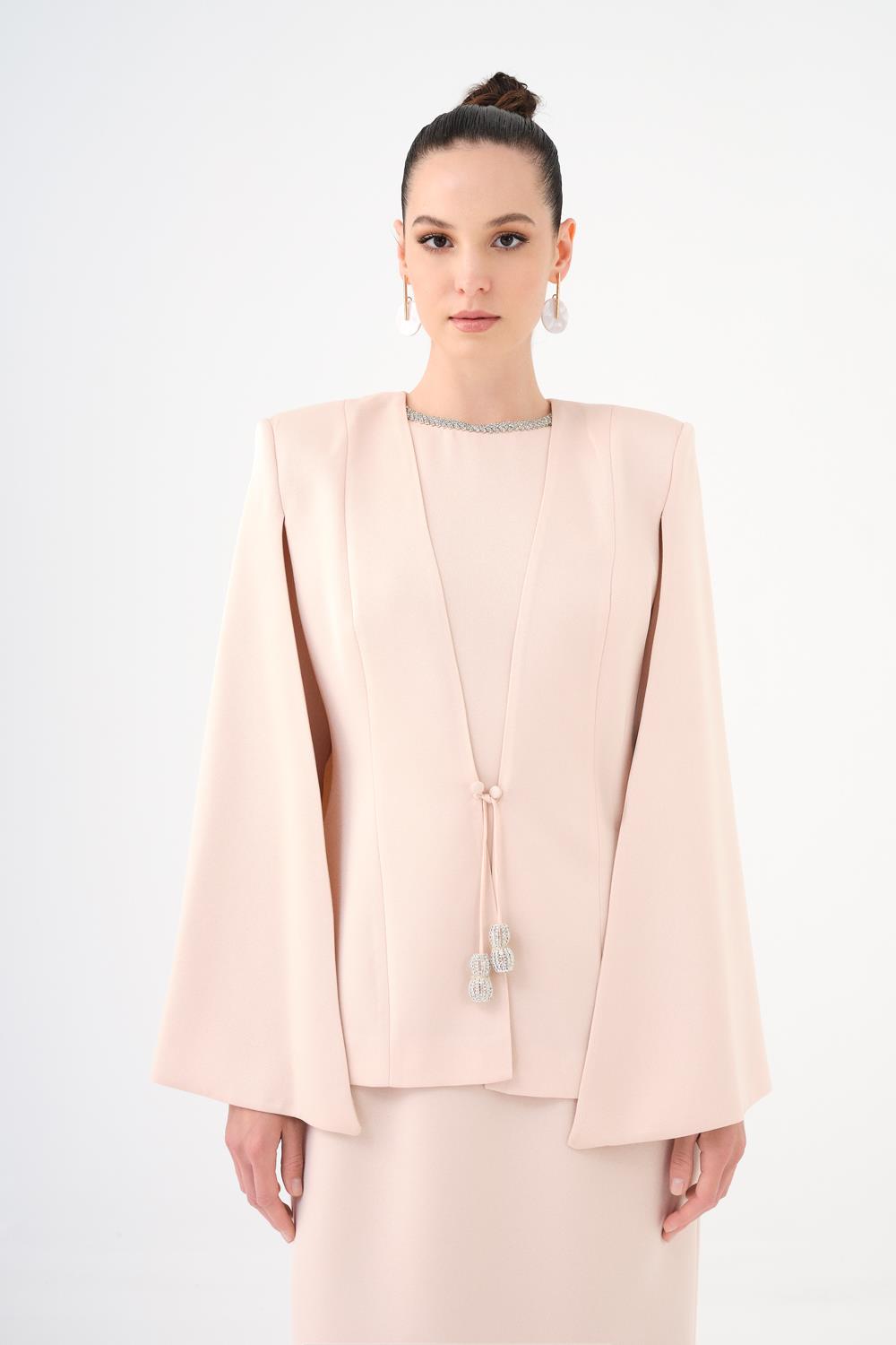 Taş İşleme Detaylı Tesettür Abiye Elbise & Ceket Takım Açık Bej