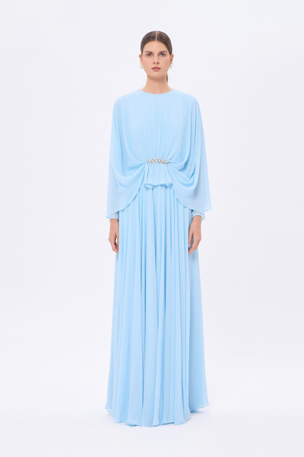 Stone Embroidery Detailed Long Sleeve Chiffon Evening Dress - 9118C